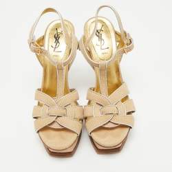 Pre Owned Yves Saint Laurent Beige/Silver Suede and Leather Platform Sandals Size 36.5