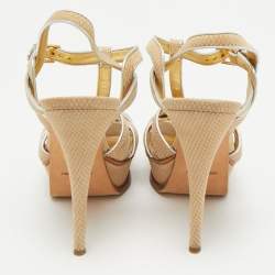 Pre Owned Yves Saint Laurent Beige/Silver Suede and Leather Platform Sandals Size 36.5