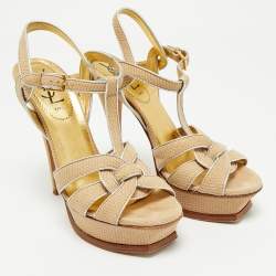 Pre Owned Yves Saint Laurent Beige/Silver Suede and Leather Platform Sandals Size 36.5