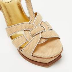 Pre Owned Yves Saint Laurent Beige/Silver Suede and Leather Platform Sandals Size 36.5