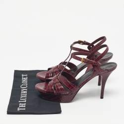 Pre Owned Yves Saint Laurent Burgundy Croc Embossed Leather Tribute Sandals Size 40.5