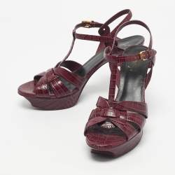Pre Owned Yves Saint Laurent Burgundy Croc Embossed Leather Tribute Sandals Size 40.5