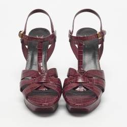 Pre Owned Yves Saint Laurent Burgundy Croc Embossed Leather Tribute Sandals Size 40.5