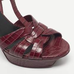 Pre Owned Yves Saint Laurent Burgundy Croc Embossed Leather Tribute Sandals Size 40.5