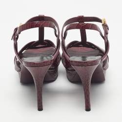 Pre Owned Yves Saint Laurent Burgundy Croc Embossed Leather Tribute Sandals Size 40.5