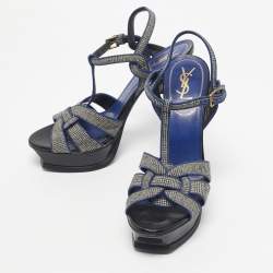 Pre Owned Yves Saint Laurent Blue/Grey Leather and Canvas Tribute Sandals Size 40