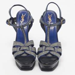 Pre Owned Yves Saint Laurent Blue/Grey Leather and Canvas Tribute Sandals Size 40