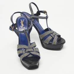 Pre Owned Yves Saint Laurent Blue/Grey Leather and Canvas Tribute Sandals Size 40