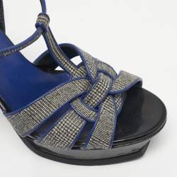 Pre Owned Yves Saint Laurent Blue/Grey Leather and Canvas Tribute Sandals Size 40
