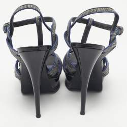 Pre Owned Yves Saint Laurent Blue/Grey Leather and Canvas Tribute Sandals Size 40