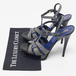 Pre Owned Yves Saint Laurent Blue/Grey Leather and Canvas Tribute Sandals Size 40