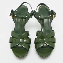 Pre Owned Yves Saint Laurent Green Patent Leather Platform Sandals Size 40