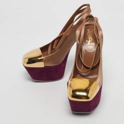 Pre Owned Yves Saint Laurent Tricolor Leather and Satin Platform Pumps Size 35