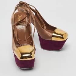 Pre Owned Yves Saint Laurent Tricolor Leather and Satin Platform Pumps Size 35