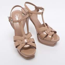 Pre Owned Yves Saint Laurent Beige Patent Leather Platform Sandals Size 39