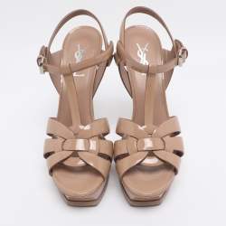 Pre Owned Yves Saint Laurent Beige Patent Leather Platform Sandals Size 39