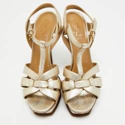Pre Owned Yves Saint Laurent Metallic Leather Tribute Platform Sandals Size 38