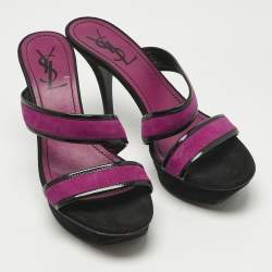 Pre Owned Yves Saint Laurent Purple/Black Patent Leather and Suede Slide Sandals Size 38.5