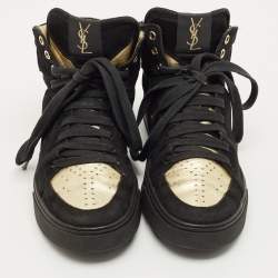 Pre Owned Yves Saint Laurent Black Leather and Suede High Top Sneakers Size 39