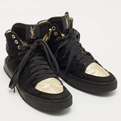 Pre Owned Yves Saint Laurent Black Leather and Suede High Top Sneakers Size 39