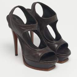 Pre Owned Yves Saint Laurent Brown Leather Ankle Strap Platform Sandals Size 37.5