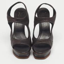Pre Owned Yves Saint Laurent Brown Leather Ankle Strap Platform Sandals Size 37.5