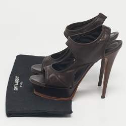 Pre Owned Yves Saint Laurent Brown Leather Ankle Strap Platform Sandals Size 37.5