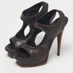 Pre Owned Yves Saint Laurent Brown Leather Ankle Strap Platform Sandals Size 37.5