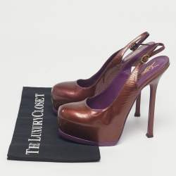 Pre Owned Yves Saint Laurent Burgundy Patent Leather Tribtoo Platform Slingback Pumps Size 37