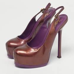 Pre Owned Yves Saint Laurent Burgundy Patent Leather Tribtoo Platform Slingback Pumps Size 37