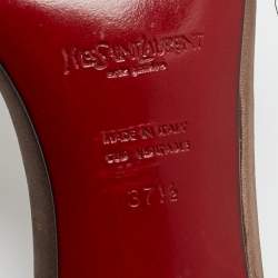 Pre Owned Yves Saint Laurent Brown Leather and Satin Flower Embroidered Slide Sandals Size 37.5