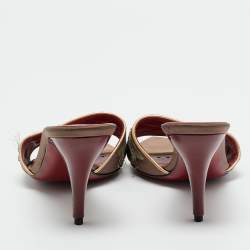 Pre Owned Yves Saint Laurent Brown Leather and Satin Flower Embroidered Slide Sandals Size 37.5