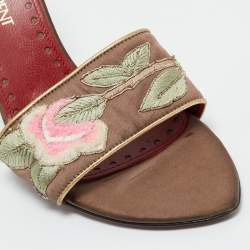 Pre Owned Yves Saint Laurent Brown Leather and Satin Flower Embroidered Slide Sandals Size 37.5