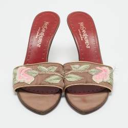 Pre Owned Yves Saint Laurent Brown Leather and Satin Flower Embroidered Slide Sandals Size 37.5