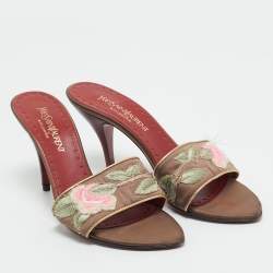 Pre Owned Yves Saint Laurent Brown Leather and Satin Flower Embroidered Slide Sandals Size 37.5