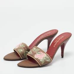 Pre Owned Yves Saint Laurent Brown Leather and Satin Flower Embroidered Slide Sandals Size 37.5
