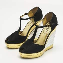 Pre Owned Yves Saint Laurent Black Suede Wedge Pumps Size 38