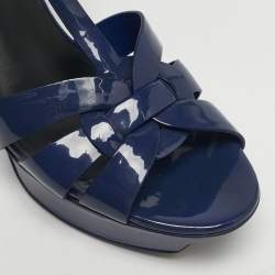 Pre Owned Yves Saint Laurent Navy Blue Patent Leather Tribute Platform Sandals Size 39