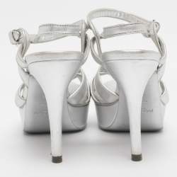 Pre Owned Yves Saint Laurent Silver Metallic Leather Tribute Platform Sandals Size 35.5