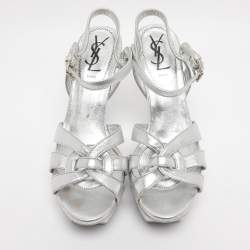 Pre Owned Yves Saint Laurent Silver Metallic Leather Tribute Platform Sandals Size 35.5