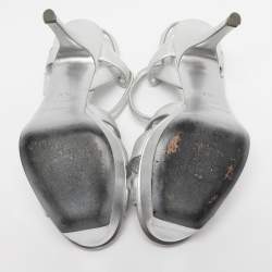 Pre Owned Yves Saint Laurent Silver Metallic Leather Tribute Platform Sandals Size 35.5