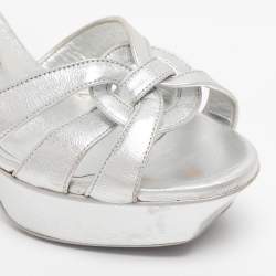 Pre Owned Yves Saint Laurent Silver Metallic Leather Tribute Platform Sandals Size 35.5