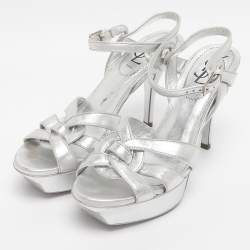 Pre Owned Yves Saint Laurent Silver Metallic Leather Tribute Platform Sandals Size 35.5