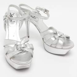Pre Owned Yves Saint Laurent Silver Metallic Leather Tribute Platform Sandals Size 35.5