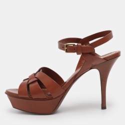 Pre Owned Yves Saint Laurent Brown Leather Tribute Platform Ankle Strap Sandals Size 35.5