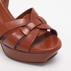 Pre Owned Yves Saint Laurent Brown Leather Tribute Platform Ankle Strap Sandals Size 35.5