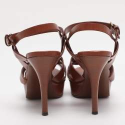 Pre Owned Yves Saint Laurent Brown Leather Tribute Platform Ankle Strap Sandals Size 35.5