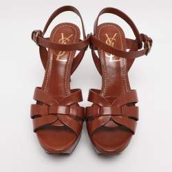 Pre Owned Yves Saint Laurent Brown Leather Tribute Platform Ankle Strap Sandals Size 35.5