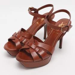 Pre Owned Yves Saint Laurent Brown Leather Tribute Platform Ankle Strap Sandals Size 35.5