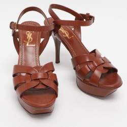Pre Owned Yves Saint Laurent Brown Leather Tribute Platform Ankle Strap Sandals Size 35.5
